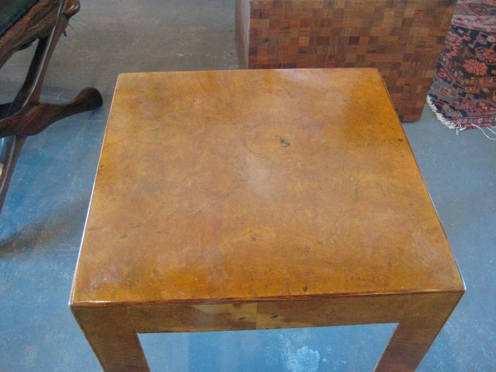 Very well made Burl wood parsons occasional table made in Italy for Neiman Marcus.