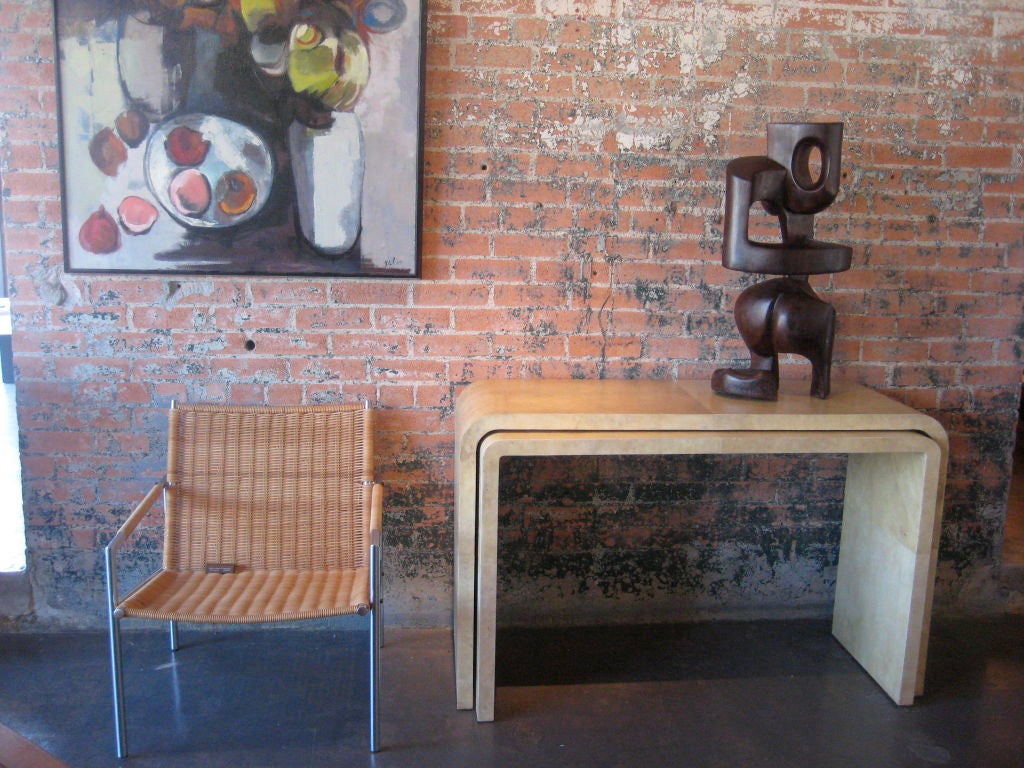 Parchment covered nesting console tables 3