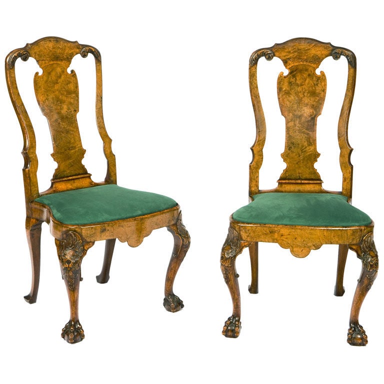 Pair of English George II Walnut 
Beech Side Chairs For Sale