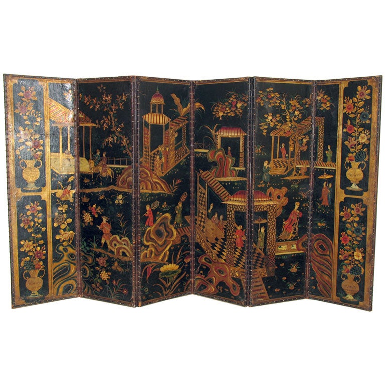 Rare Dutch Six-Panel Painted & Gilt-Tooled Leather Screen For Sale