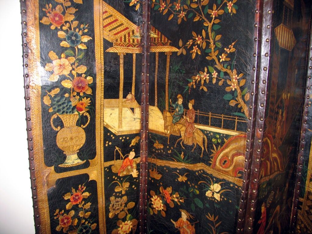 18th Century and Earlier Rare Dutch Six-Panel Painted & Gilt-Tooled Leather Screen For Sale