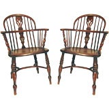 Antique Assembled Set of Eight English Yew & Elm Wood Windsor Armchairs