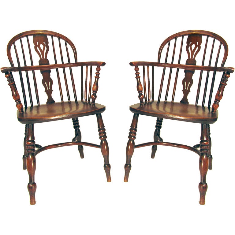 Assembled Set of Eight English Yew & Elm Wood Windsor Armchairs For Sale