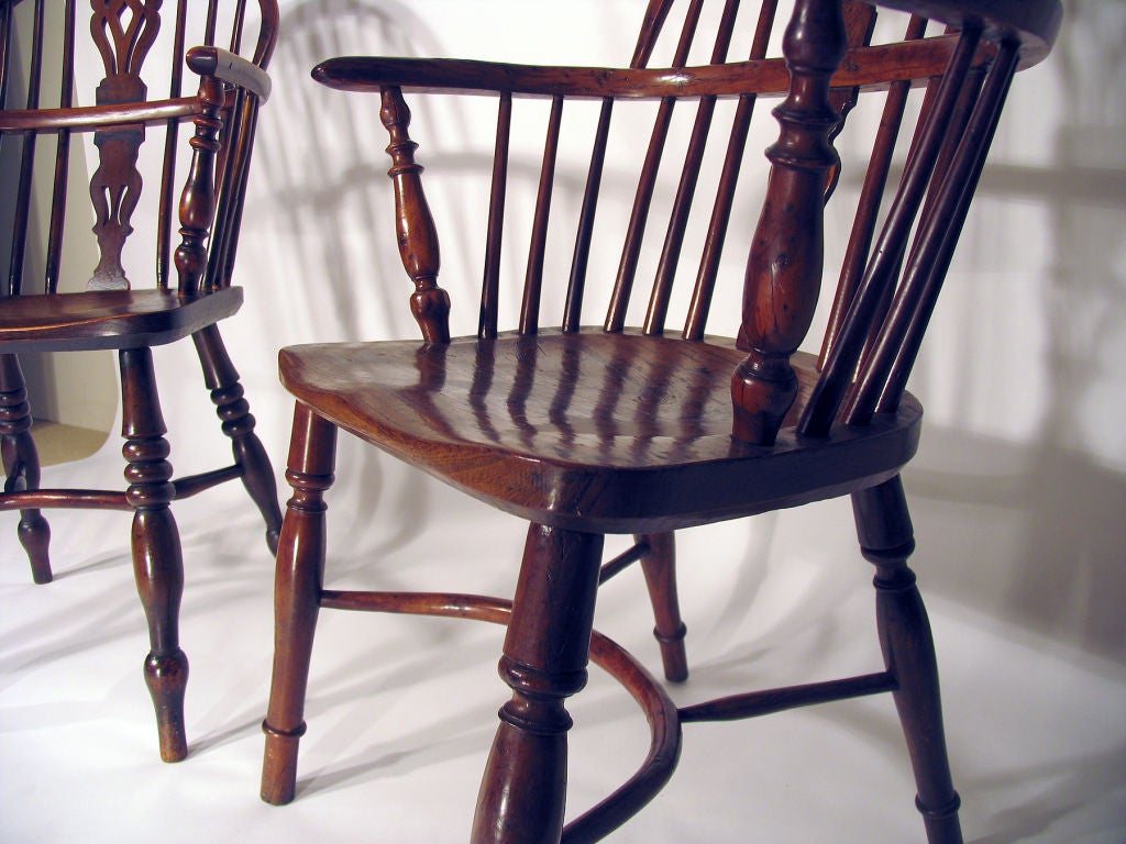 Assembled Set of Eight English Yew & Elm Wood Windsor Armchairs For Sale 1
