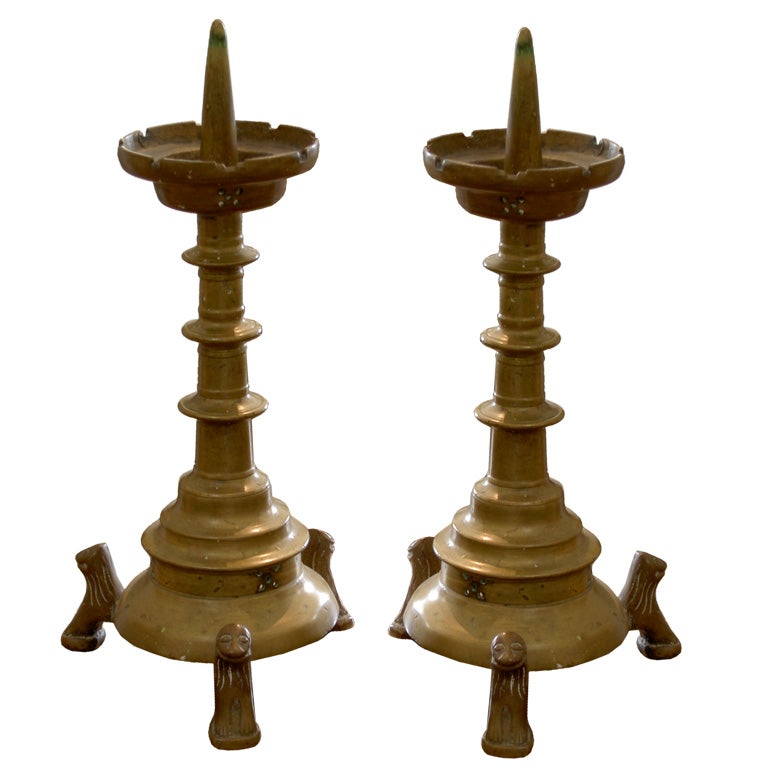 A Pair of Gothic Bronze Pricket Candlesticks For Sale