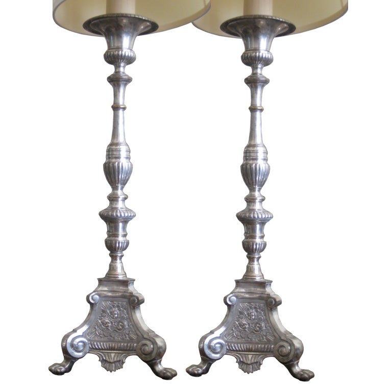 Pair of  Mexican Silver Plated Altar Candlesticks For Sale
