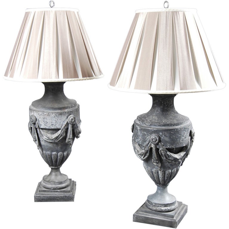 A Pair of Large Scaled Zinc Urn Lamps For Sale