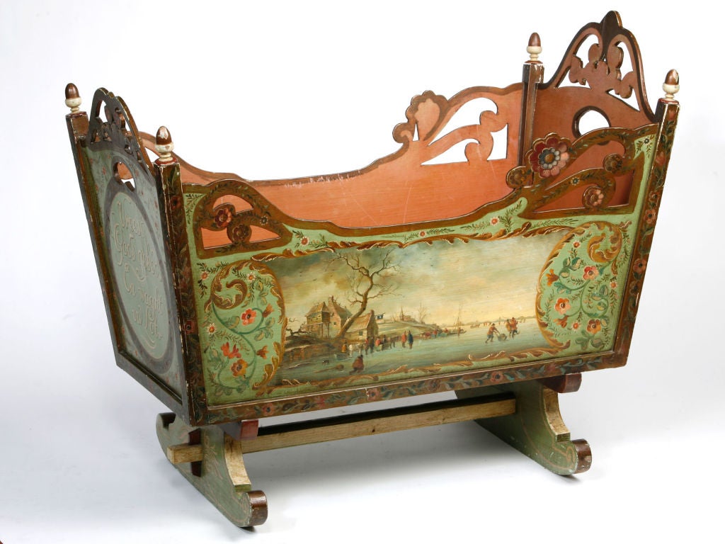Charming Dutch Painted Cradle with bucolic pastoral scenes <br />
painted on either side.