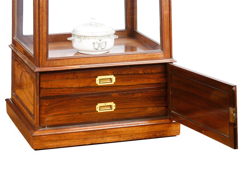 Rare George IV vitrine, with exceptional quality rosewood, the base with a door
 concealing two drawers, the top with three shelves, finished on all sides.