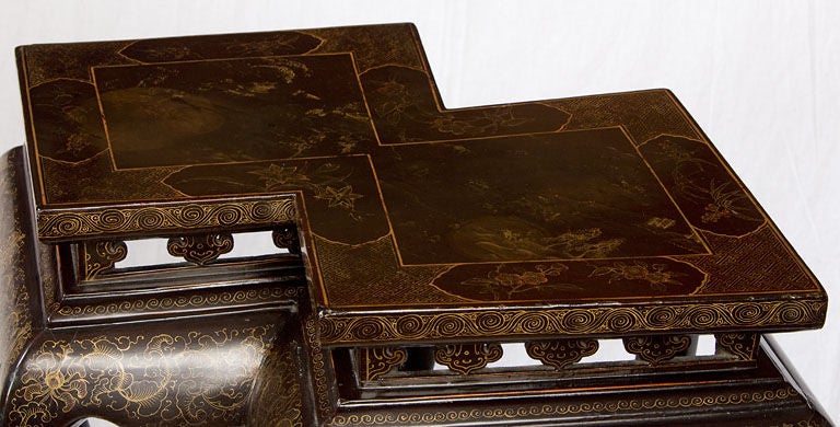 Chinese black and gold lacquer double pedestal