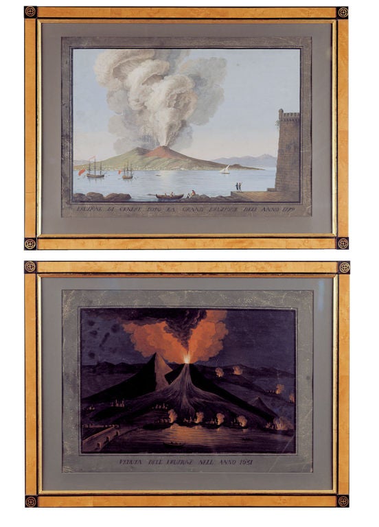 Assembled set of eight Grand Tour Gouache paintings depicting the various eruptions of Mount Vesuvius Italy's still active and most famous Volcano,a similar example is on the cover of Susan Sontag's book the Volcano Lovers