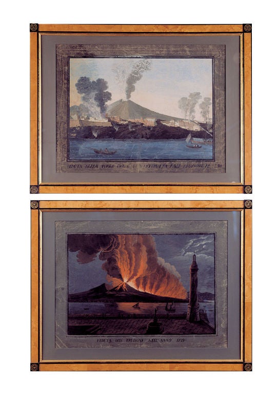 Italian Assembled Set Of 8 Grand Tour Volcano Gouache Paintings