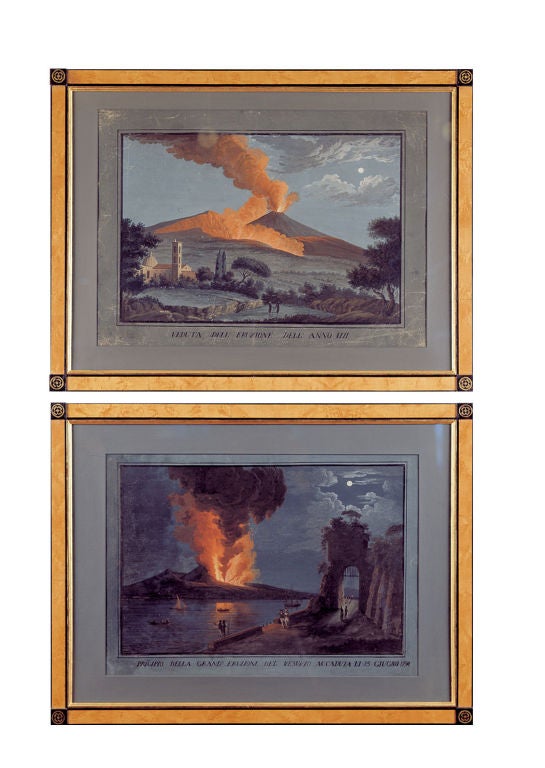 19th Century Assembled Set Of 8 Grand Tour Volcano Gouache Paintings
