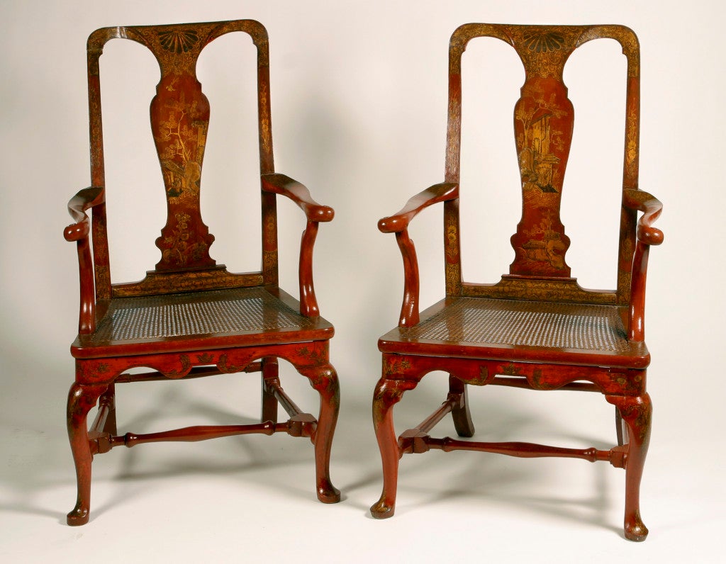 English Pair of Red Lacquer Queen Anne Armchairs For Sale