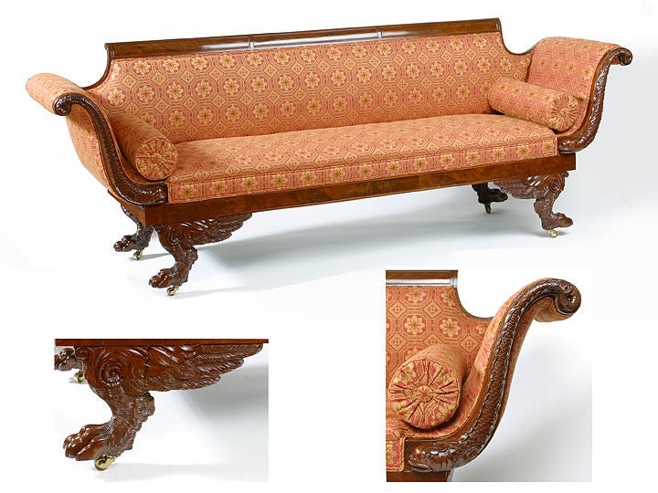 A New York Classical Grecian sofa with carved dolphin arms
and winged animal paw feet, attributed to Deming and Bulkely,
New York City, cabinetmakers who established a retail shop on
King Street in Charleston South Carolina in 1818.