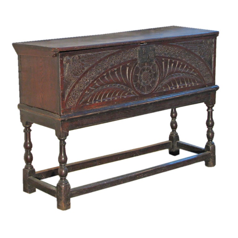 Early English oak coffer on stand