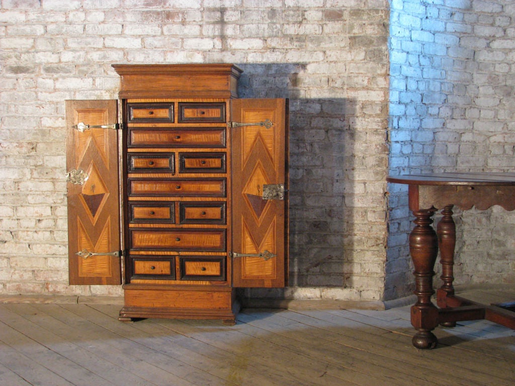 Swiss 18th Century Alpine Baroque  Inlaid Small Cabinet Fitted with Drawers For Sale