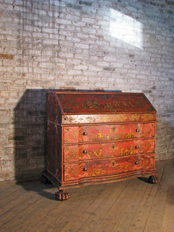 Desk with beautifully distressed chinoiserie decoration, with a later fitted interior to accommodate extensive silverware, labeled in German. 
