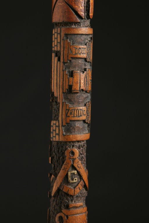 This important Masonic cane is profusely carved with Masonic symbols and imagery. G. H. Henson, probably a member of an Odd Fellows lodge, undoubtedly carved it for personal use.