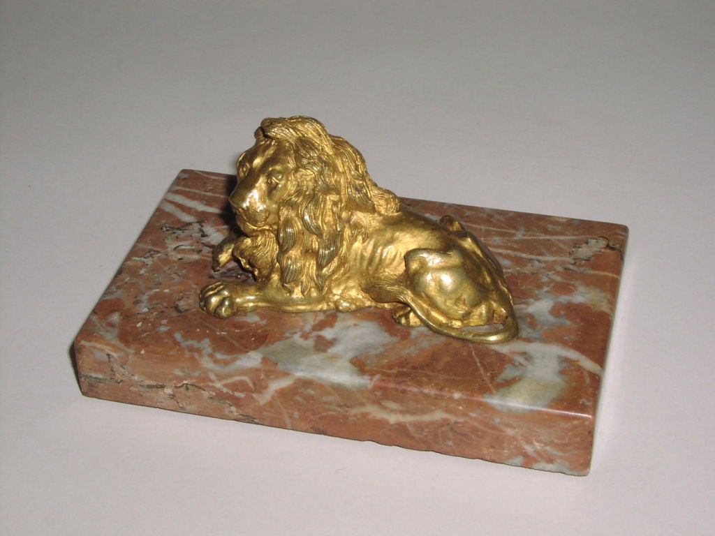 Swedish Gilt Bronze Lion Paperweight on Marble Base