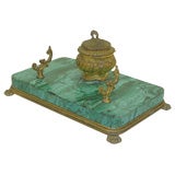 French Malachite and Bronze Inkwell