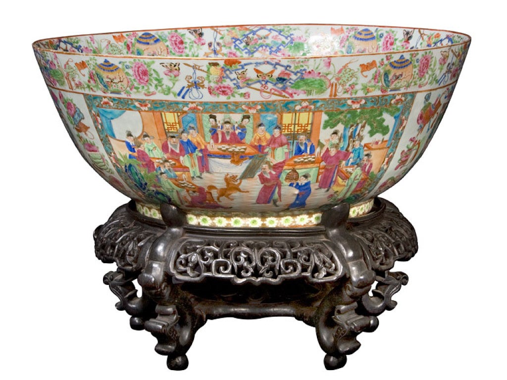 Rose Mandarin Punch Bowl depicting scenes in gardens and courtyard, of life at the Chinese court.