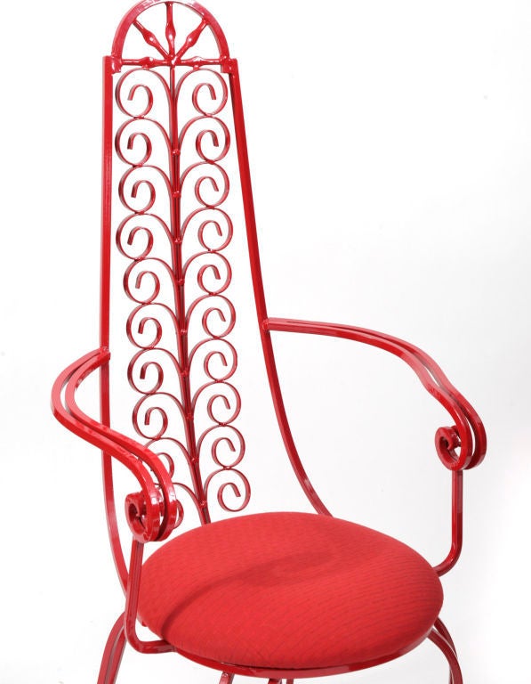 Mid-20th Century Eight Stunning Red Iron Scroll Dining and Patio Chairs