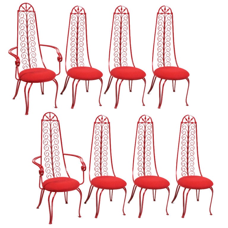Eight Stunning Red Iron Scroll Dining and Patio Chairs