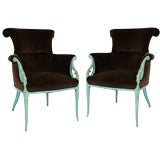 Vintage Pair of Blue Lacquered Velvet Arm Chairs