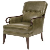 Decorative Green Leather & Mahogany Lounge Chair