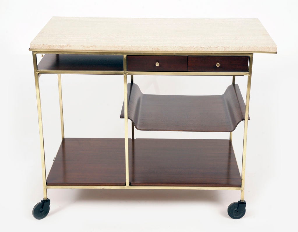 Paul Mccobb for Calvin bart cart circa late 1950's. Features solid brass frame and stretchers with striped African mahogany drawers and removable tray. Excellent restored condition