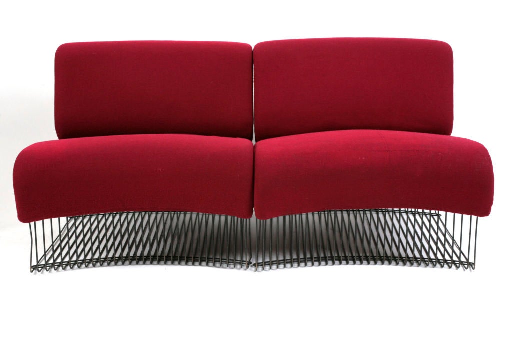 Rare 4 piece 'Pantonova' set designed by Verner Panton for Fritz Hansen circa early 1970's. Feature incredible open rod frames with original magenta fabric. Can be used individually as chairs or together as a sofa. Price is for all four pieces.
