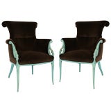 Vintage Pair of Blue Lacquered Velvet Arm Chairs