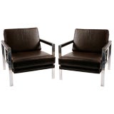 Pair of Polished Steel and Leather Club Chairs