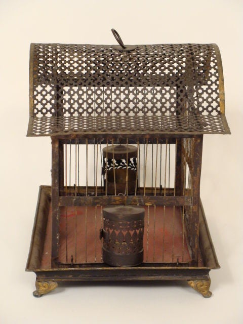 19th century painted and gilt tole decorated birdcage