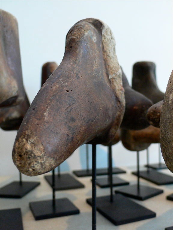 A rare collection of 30 terra cotta nose molds of exaggerated form that were used to make masks for Carnivale in Venice, Italy. Now mounted on new black metal stands. Wonderful patinas. Range in height from 7-9