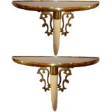 Pair of Elephant Tusk and Brass Consoles