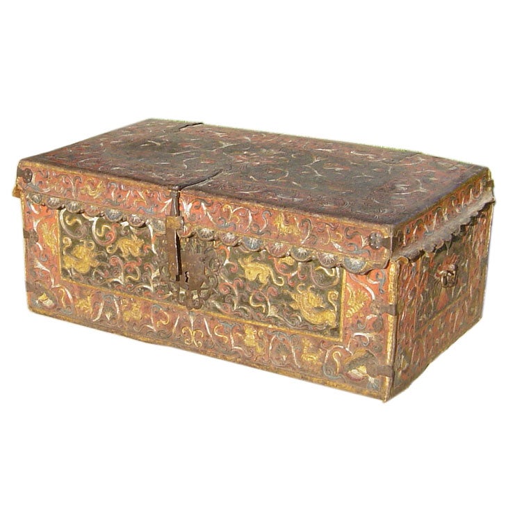 Spanish Colonial polychrome tooled leather chest For Sale