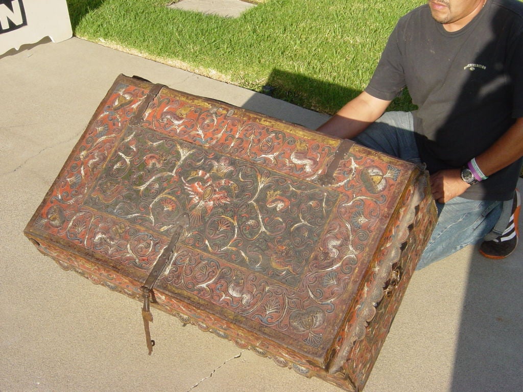18th Century and Earlier Spanish Colonial polychrome tooled leather chest For Sale