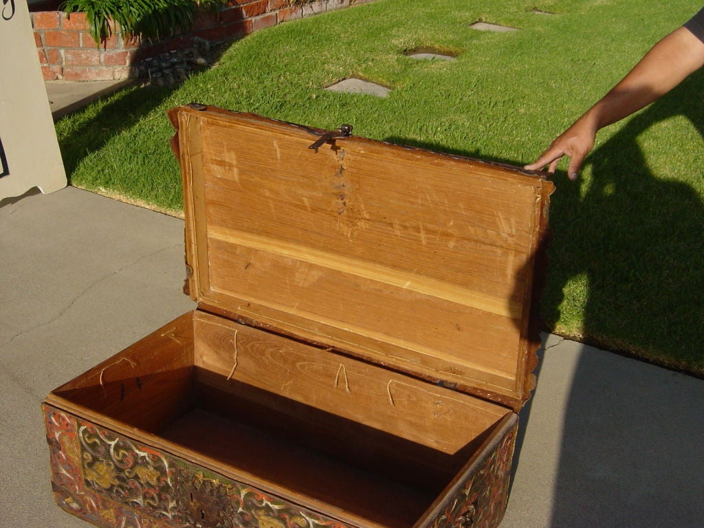 Spanish Colonial polychrome tooled leather chest For Sale 1
