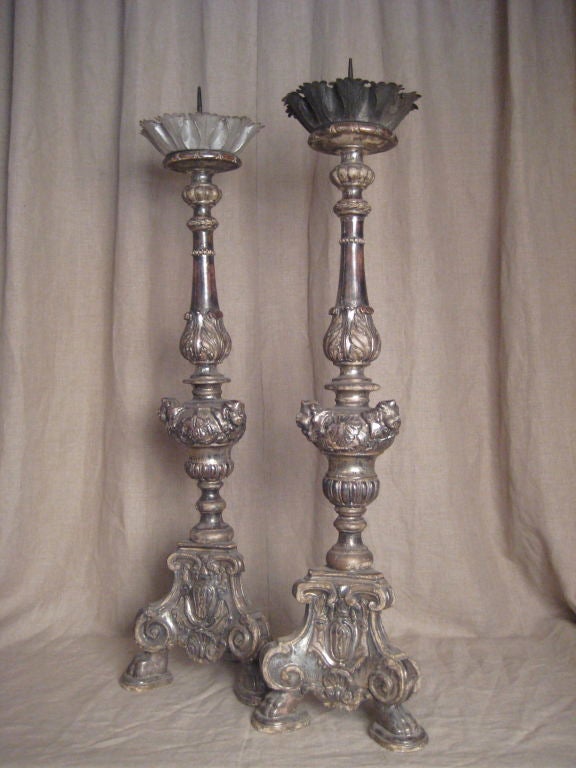 Pair of 1800's silver gilded wood alter sticks
