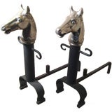 Pair of fireplace irons, with horse heads