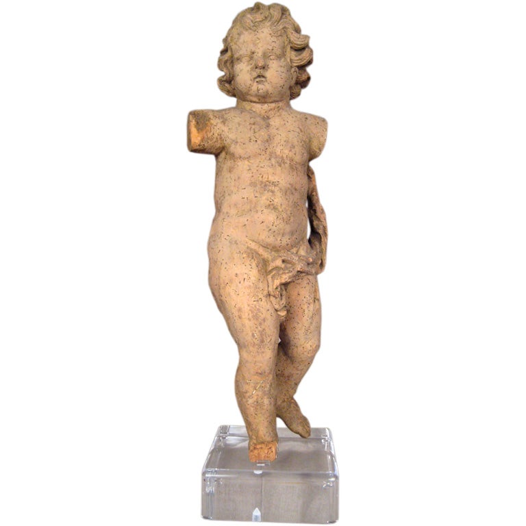 Carved Wood Statue of a Cherub For Sale