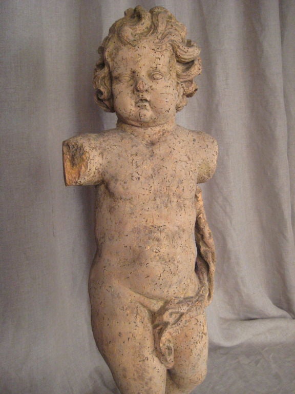 18th Century and Earlier Carved Wood Statue of a Cherub For Sale