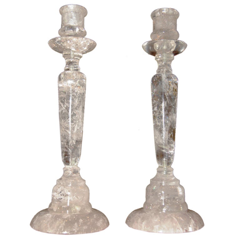 A Pair of Rock Quartz Crystal Candlesticks