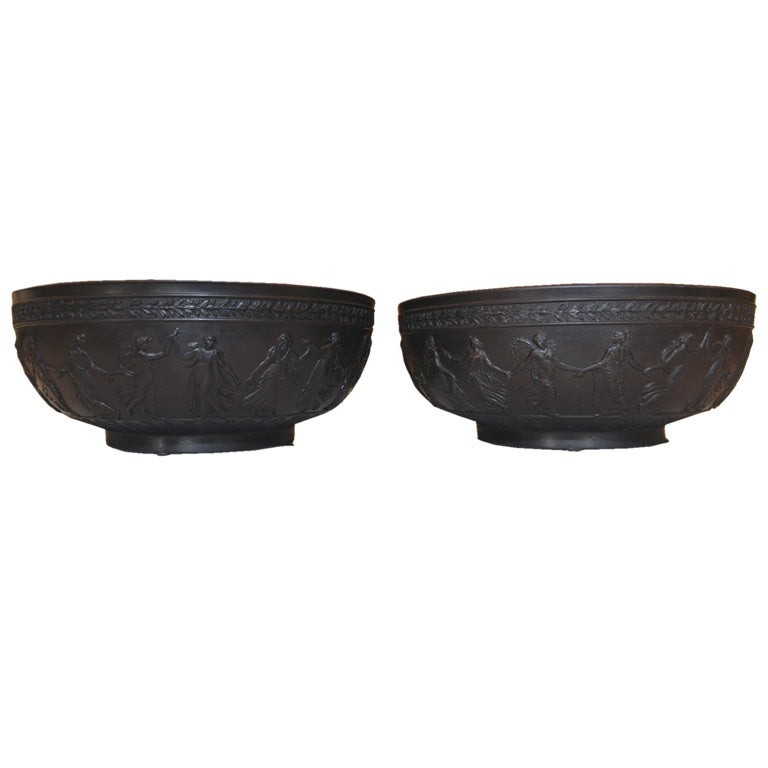 Pair of Vintage Wedgwood Black Basalt Jasperware Bowls For Sale