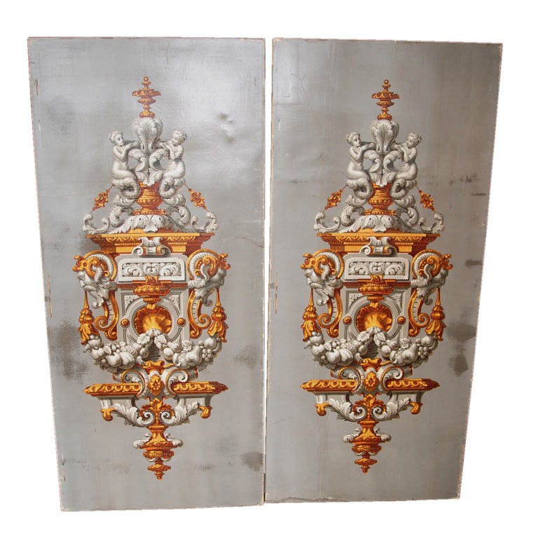 Pair of Italianate Wallpaper Panels Mounted on Canvas For Sale