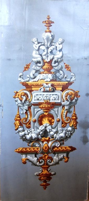 Pair of Italianate wallpaper panels in the neoclassic taste. They would make an interesting architectural accent in any style decor. They have been mounted on canvas and stretcher for easy placement and preservation.