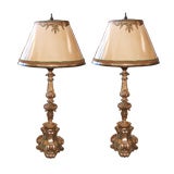 Pair of Italian Style Carved Gilt Wood Candlestick Lamps