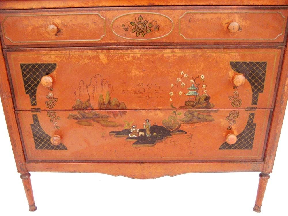 1920's original three drawer metal hand painted chinoiserie commode/chest of drawers by Simmons company.